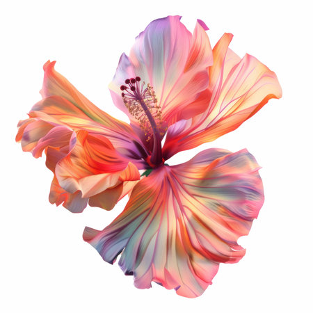A stunning hibiscus flower with vibrant petals showcases a blend of colors, set against a clean and white photorealistic background, perfect for design use.の写真素材