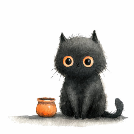 Discover a whimsical illustration of an adorable black cat with big sparkling eyes sitting next to a small brown pot, radiating charm.の写真素材