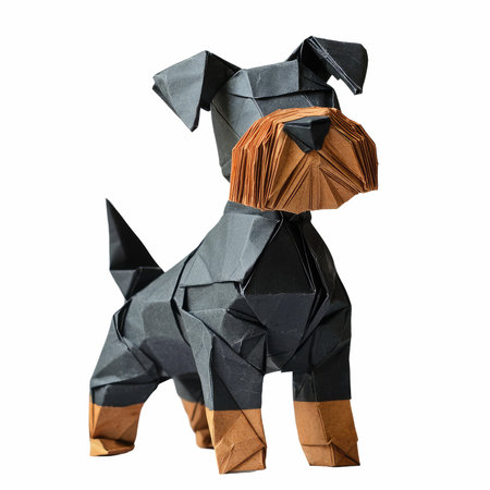 Origami dog made of paper isolated on white background, clipping path includedの写真素材