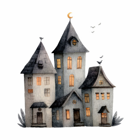 Delight in this cute watercolor illustration of a mini haunt, showcasing whimsical houses with warm lights and charming details. Perfect for decor!の写真素材