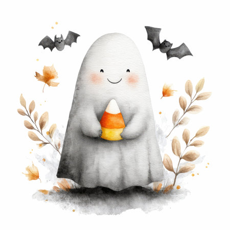 This enchanting watercolor illustration features a happy ghost holding candy amidst autumn leaves and playful bats, perfect for seasonal decorations.の写真素材