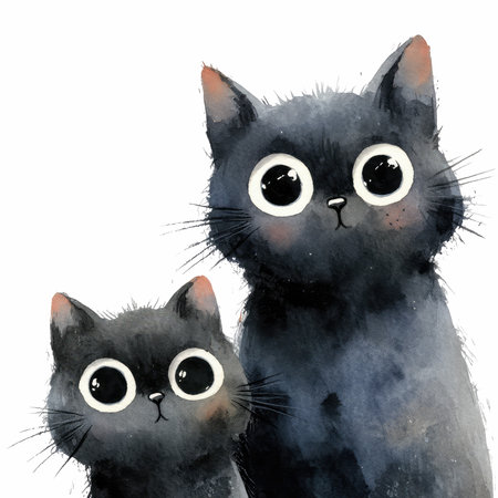 Discover this enchanting watercolor illustration featuring two adorable black cats with expressive eyes, ideal for cat enthusiasts and decor.の写真素材