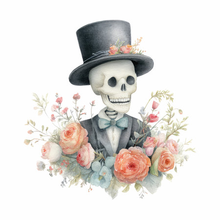 This enchanting watercolor illustration features a cute skeleton in a top hat, beautifully surrounded by vibrant flowers, perfect for unique decor.の写真素材