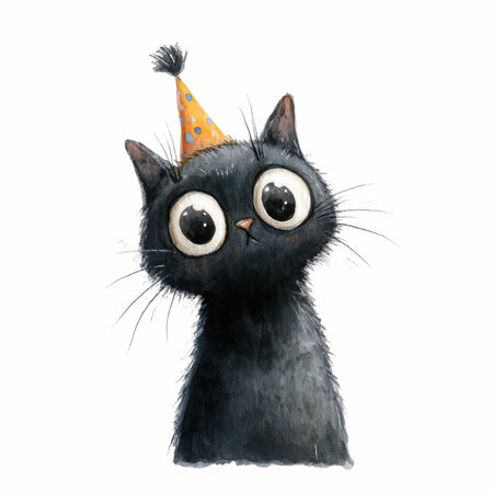 This charming illustration features an adorable black cat with big, expressive eyes and a colorful party hat, perfect for celebrating joy and fun.の写真素材