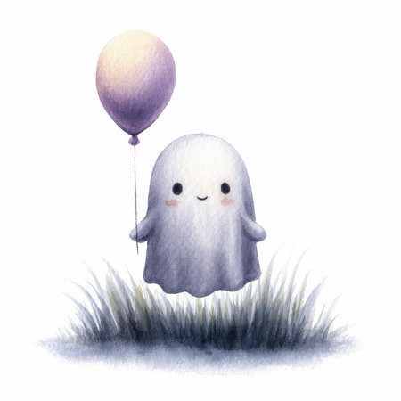 This charming watercolor illustration features a cute ghost with a joyful expression, holding a colorful balloon, set amidst soft grass.の写真素材