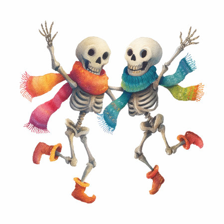 Two animated skeletons dance joyfully while wearing colorful scarves, embodying a festive spirit that brings vibrancy and cheer to any occasion.の写真素材