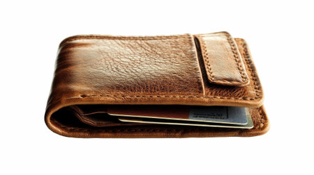 Brown leather wallet with credit card isolated on white background. Clipping path included.