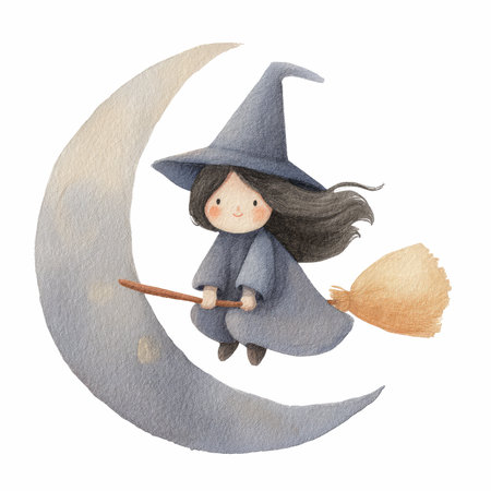 A cheerful witch in a whimsical illustration gracefully flies on a broomstick above a crescent moon, embodying joy and magic in a dreamy scene.の写真素材