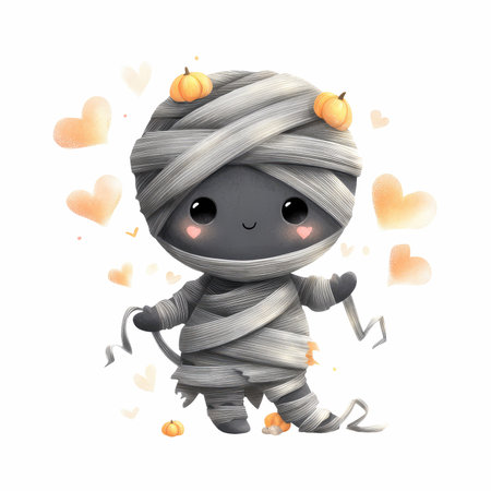 This adorable mummy character, playfully unraveling and surrounded by hearts and pumpkins, brings charm and whimsy for festive occasions.の写真素材