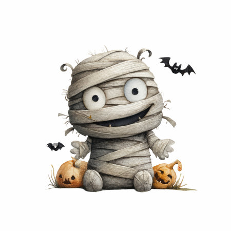 This delightful watercolor illustration features a playful mummy with a big smile, surrounded by pumpkins and bats, perfect for Halloween-themed decor.の写真素材
