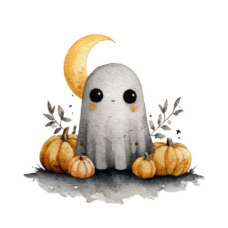 This charming watercolor illustration features a cute, friendly ghost surrounded by pumpkins and a crescent moon, perfect for autumn themes.の写真素材