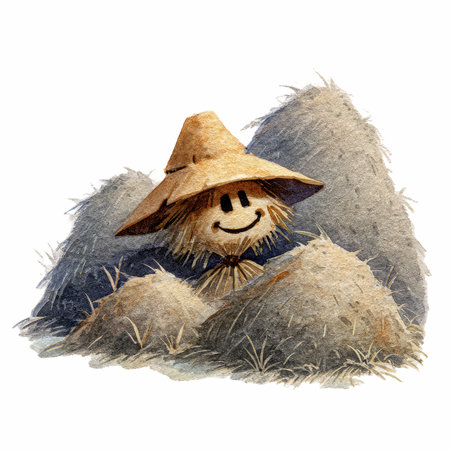 This delightful watercolor illustration features a cheerful scarecrow with a smiling face nestled among hay bales, embodying the playful spirit of autumn harvest on a farm.の写真素材
