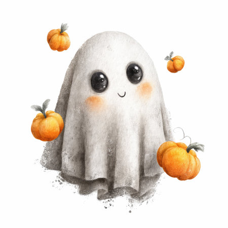 This playful ghost character, featuring big round eyes and a cheerful smile, is surrounded by cute pumpkins, perfect for Halloween-themed designs.の写真素材