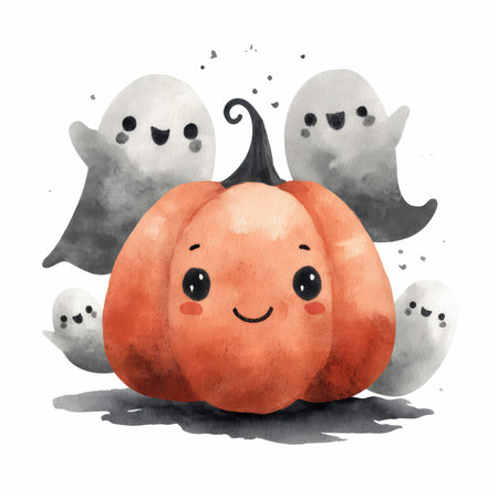 This charming watercolor illustration features a happy pumpkin surrounded by playful ghosts, perfect for capturing the spirit of Halloween festivities.の写真素材