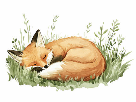 Illustration of a fox sleeping in the grass on a white backgroundの写真素材