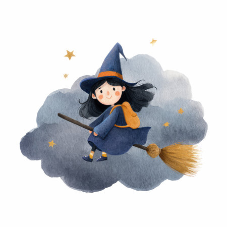This enchanting watercolor illustration features a joyful girl flying on a broom, surrounded by stars and soft clouds, capturing the essence of childhood wonder and magic.の写真素材