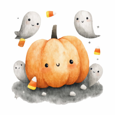 This charming watercolor illustration features a cute pumpkin surrounded by playful ghosts, perfect for capturing the Halloween spirit.の写真素材