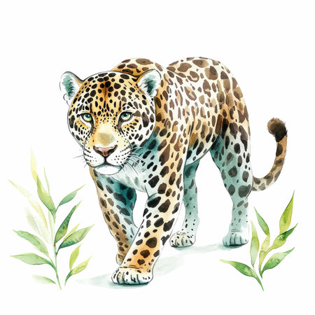 This isolated illustration features a stunning jaguar walking gracefully on a transparent background, showcasing its detailed fur and spots. Perfect for creative projects, this artwork highlights the elegance and beauty of wildlife.の写真素材