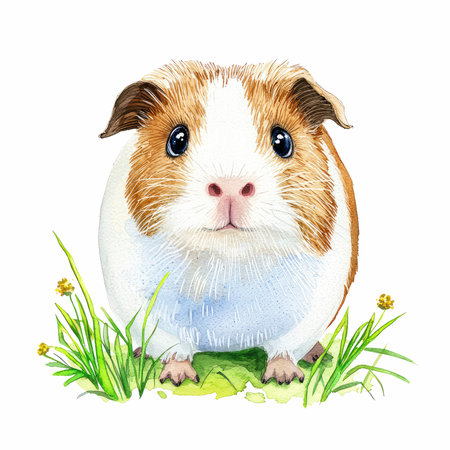 Cute guinea pig with green grass. Watercolor hand drawn illustrationの写真素材