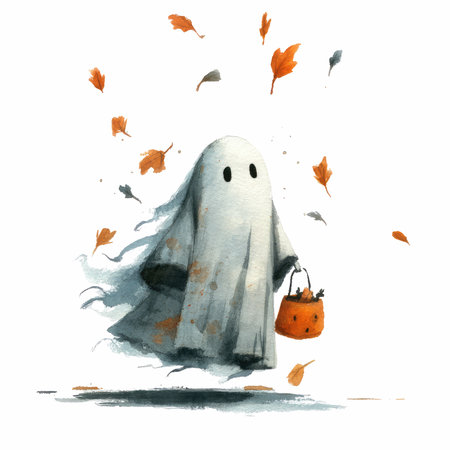 This enchanting watercolor illustration showcases a friendly ghost holding a pumpkin bucket, surrounded by colorful autumn leaves. Perfect for seasonal themes.の写真素材