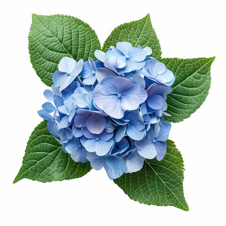 Blue hydrangea flowers with green leaves isolated on white background