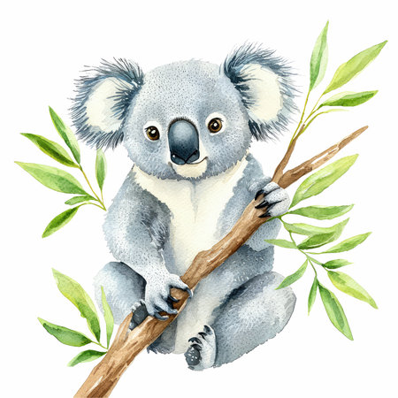 This charming illustration features an isolated koala sitting playfully on a branch adorned with lush green leaves. Perfect for nature-themed projects.の写真素材