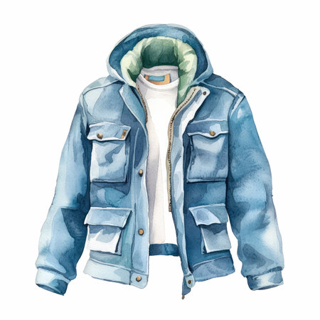 Blue jacket with hood isolated on white background. Watercolor hand drawn illustrationの写真素材