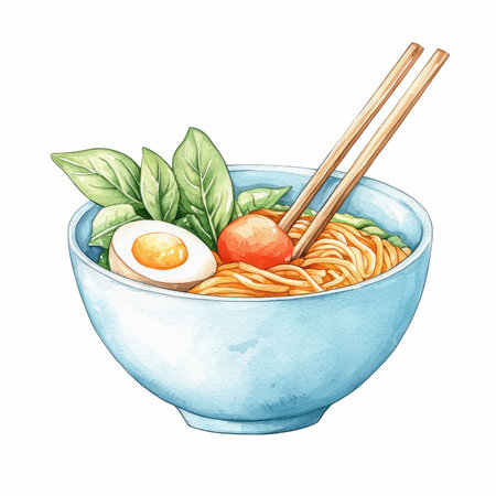 Noodles in a bowl with chopsticks. Watercolor illustration