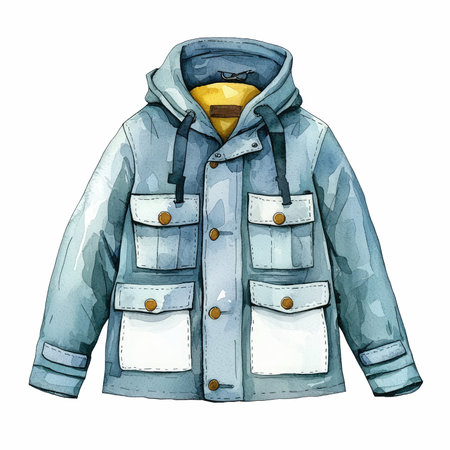 Blue winter jacket isolated on white background. Watercolor hand drawn illustrationの写真素材