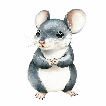 Cute little mouse isolated on white background. Watercolor illustration.の写真素材