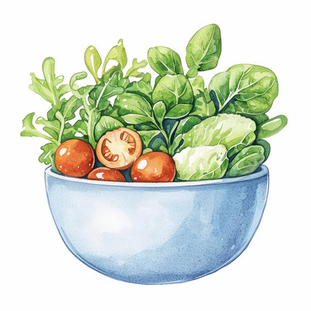 Vegetable salad in a bowl. Watercolor hand drawn illustrationの写真素材