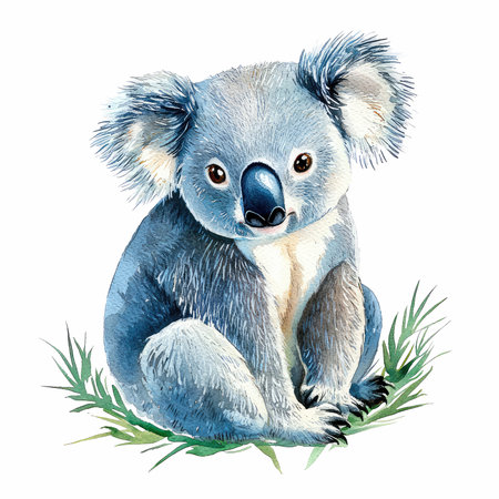 Cute cartoon koala sitting on green grass. Watercolor hand drawn illustrationの写真素材