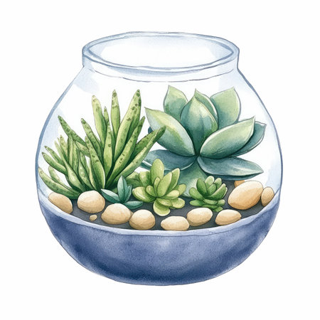 Watercolor succulent in a glass vase. Hand drawn illustrationの写真素材