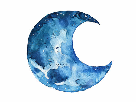 Watercolor illustration of a crescent moon on a white background.の写真素材