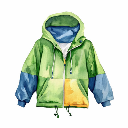 Watercolor illustration of a green raincoat on a white background.の写真素材