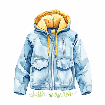 Blue jacket with hood isolated on white background. Watercolor hand drawn illustrationの写真素材