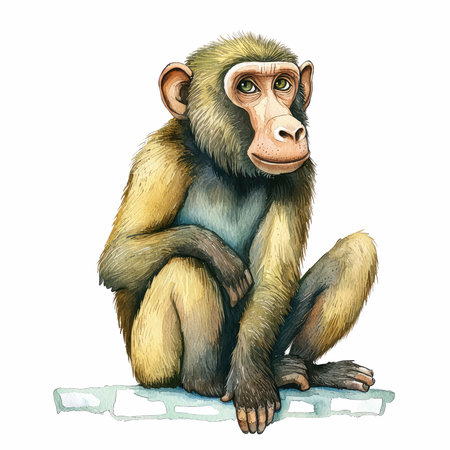 Chimpanzee sitting on a stone. Watercolor illustration.