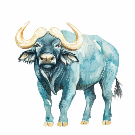 Watercolor buffalo isolated on white background. Hand drawn vector illustration.の写真素材