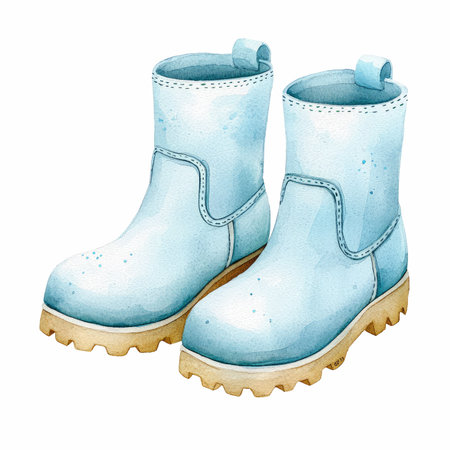 Watercolor illustration of a pair of blue rubber boots isolated on white backgroundの写真素材
