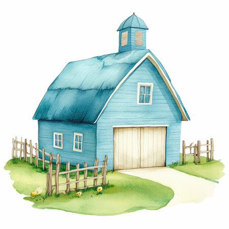 Watercolor illustration of a blue barn with a wooden fence. Isolated on white backgroundの写真素材