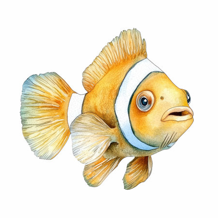 Explore a vibrant illustration of a clownfish showcasing intricate details and an isolated background, perfect for art projects, decor, and educational materials.の写真素材