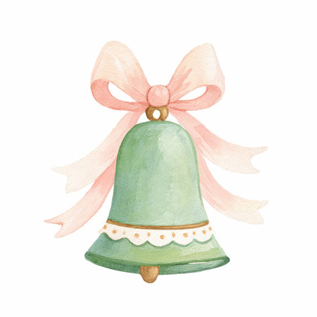 This is a charming hand-painted illustration of a decorative green bell adorned with a soft pink bow. Ideal for seasonal designs.の写真素材