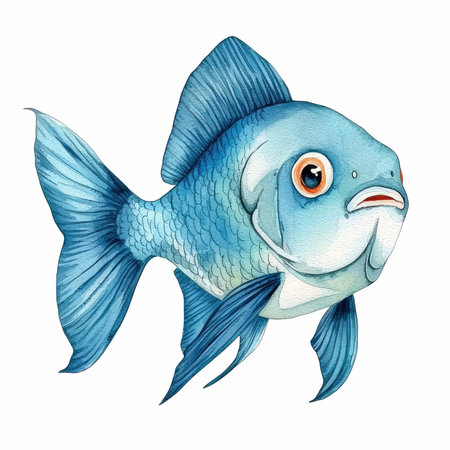 Blue fish isolated on white background. Watercolor hand drawn illustration.の写真素材