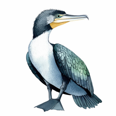 Cormorant or Pied Cormorant, watercolor illustrationの写真素材