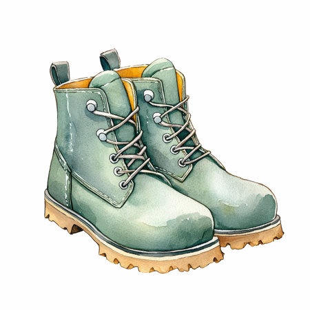 watercolor illustration of a pair of green boots on a white backgroundの写真素材