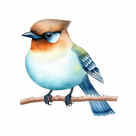 Watercolor bird on a branch isolated on white background. Hand drawn illustrationの写真素材