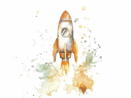 Watercolor sketch of a rocket on a white background. Vector illustrationの写真素材
