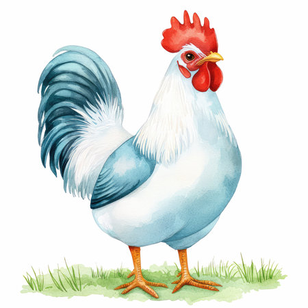 White rooster isolated on white background. Watercolor hand drawn illustrationの写真素材