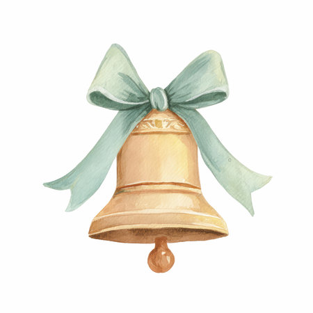 This hand-painted watercolor illustration features a golden bell adorned with a blue ribbon, perfect for school events or festive decorations.の写真素材