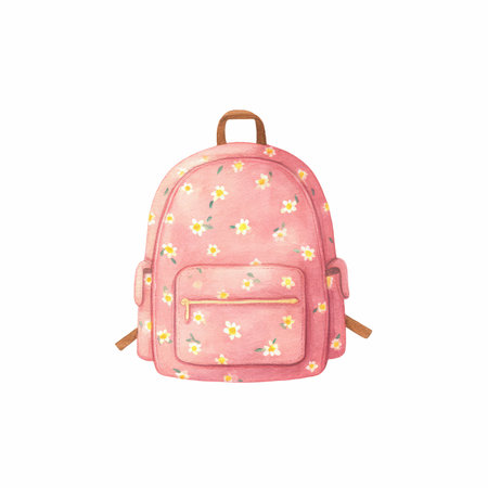 A delightful hand-painted illustration of a pink backpack adorned with floral patterns, ideal for...